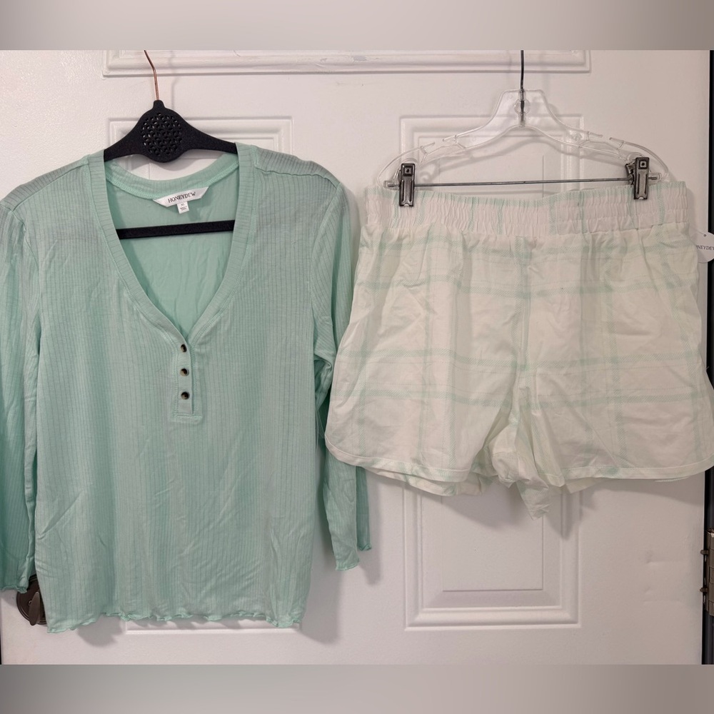 Honeydew Laid Back Short Set 2-Piece Pajama Lounge Set XL Ivory Plaid Cotton NWT